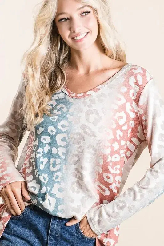 BiBi Gradation Leopard Print Textured Knit Top - Love Salve